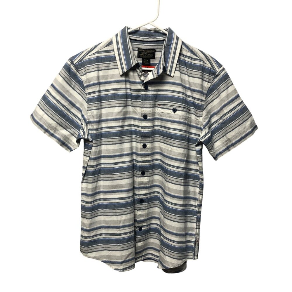 Grizzly Mountain Shirt Mens Size Medium Short Sleeve Button Up Blue Stripe NEW